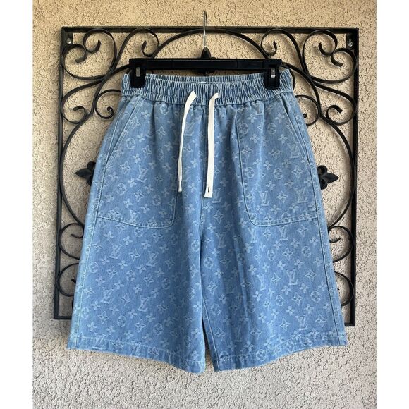 Faux Louis Vuitton Monogram Embroidered Men Denim Shorts - M/L - Light Wash Blue - Picture 1 of 7